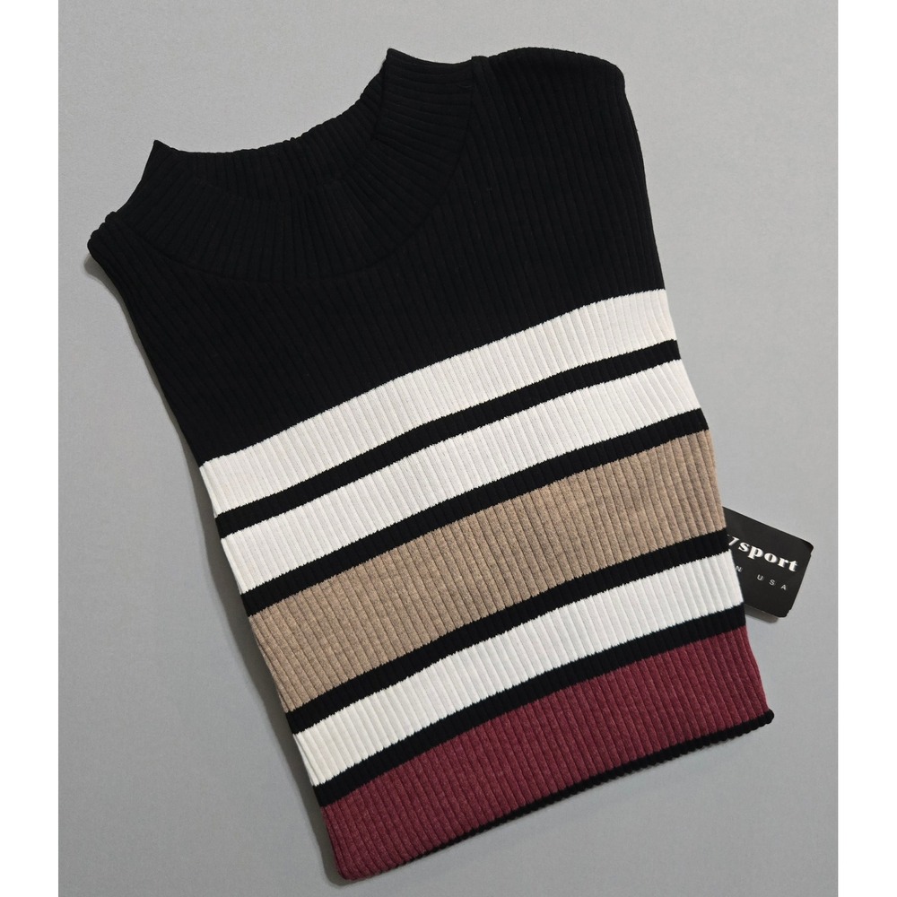 CWsport Ribbed Knit Sweater Womens XL Black Striped Mock Neck Short Sleeve USA